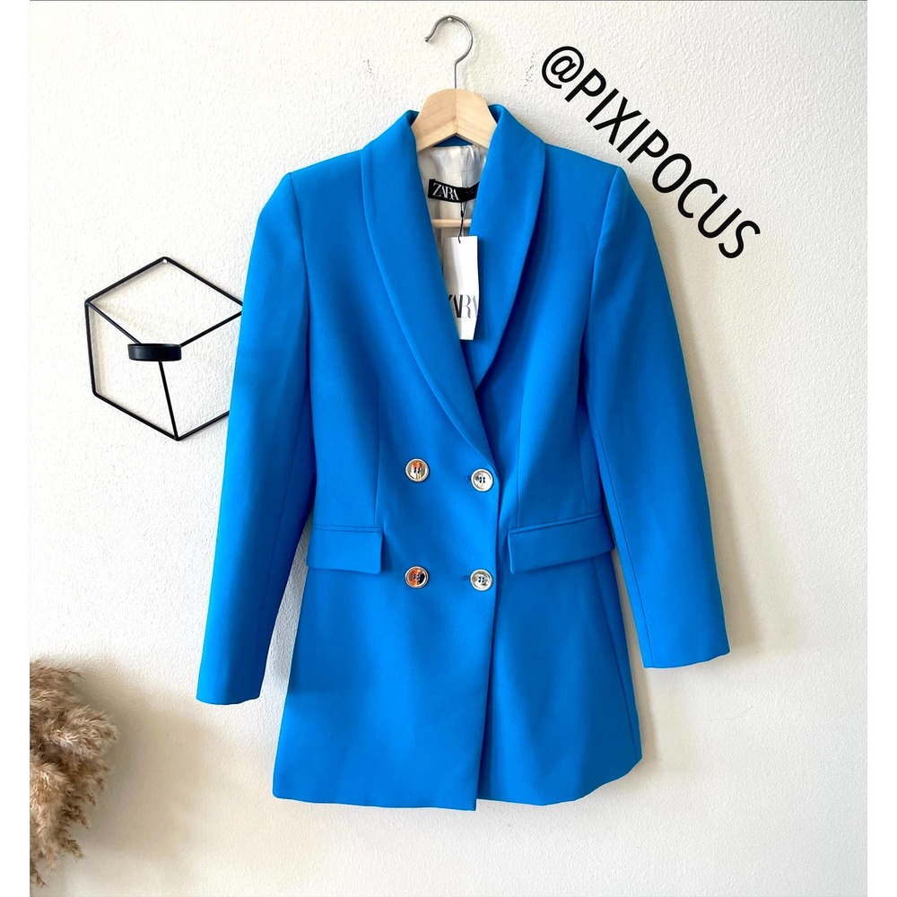ZARA DOUBLE BREASTED LONG BLAZER BLUE XS - Picture 6 of 13